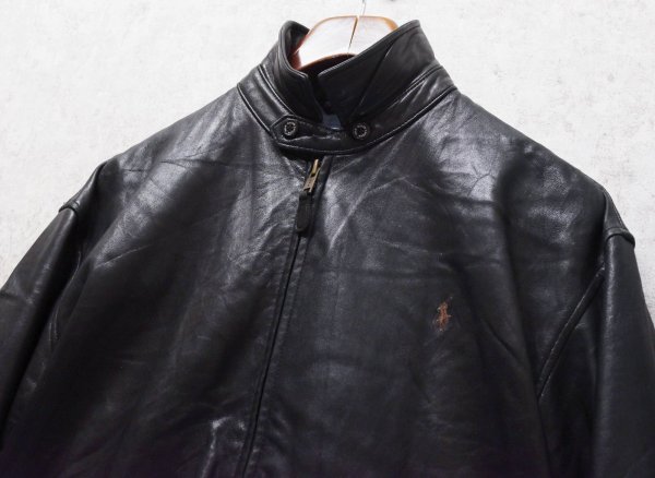 画像4: ビンテージ【ラルフローレン】POLO RALPH LAUREN【黒ｘ裏地ブラックウォッチ】ラムレザー【ジップアップレザーブルゾン】【サイズＭ】  (4)