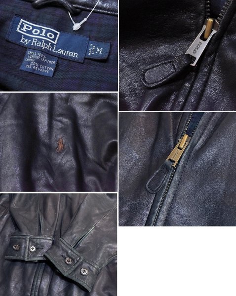 画像2: ビンテージ【ラルフローレン】POLO RALPH LAUREN【黒ｘ裏地ブラックウォッチ】ラムレザー【ジップアップレザーブルゾン】【サイズＭ】  (2)