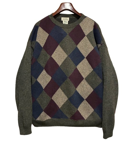 画像1: 90's USA製【St. John's Bay】【セントジョーンズベイ】緑 アーガイル柄【コットンセーター】【サイズL-TALL】  (1)