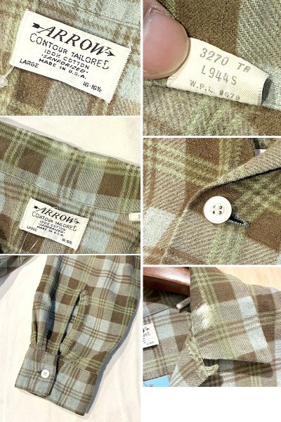 画像2: 60's USA製【ビンテージ】【ARROW】アロー【ブラウン系チェック】開襟シャツ【フランネルシャツ】【サイズL】   (2)