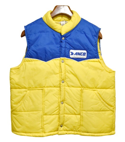 画像1: ~80's【ビンテージ】【ANCO】【黄色×青】中綿入り【ダウンベスト】ワッペン付き ジップアップベスト【サイズＬ】  (1)