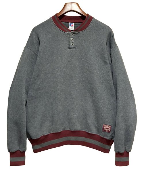 画像1: 90's【USA製】【RUSSELL】ラッセル 【ビンテージ】チャコールｘリブエンジライン 【ヘンリーネックスウェット】【サイズL】  (1)