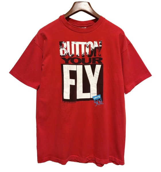 画像1: 【90's】【USA製】【ビンテージ】【LEVI'S】【リーバイス】BUTTON Your FLY【赤】【Tシャツ】【サイズL】  (1)