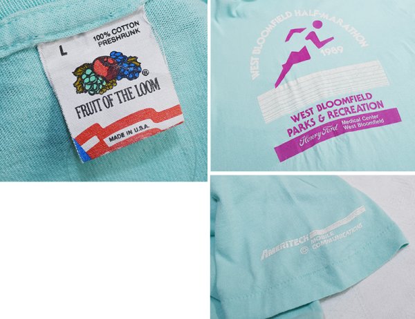 画像2: 90's【USA製】 ビンテージ【FRUIT OF THE LOOM 】フルーツオブザルーム【ターコイズ】 west bloomfield half marathon 【 Tシャツ】【サイズL】  (2)