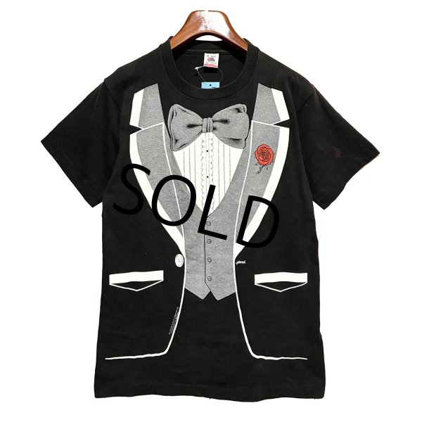 画像1: 90's【USA製】 ビンテージ【FRUIT OF THE LOOM 】フルーツオブザルーム 【タキシードプリント】黒【Tシャツ】【サイズM】  (1)