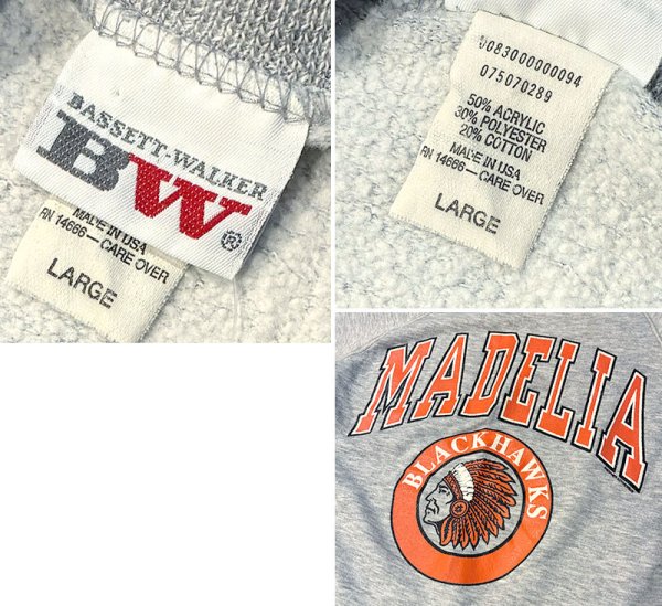 画像2: 90’s【USA製】BW【BASSETT-WALKER】バセットウォーカー MADELIA ビンテージ インディアンヘッド【グレー】スウェット サイズL  (2)