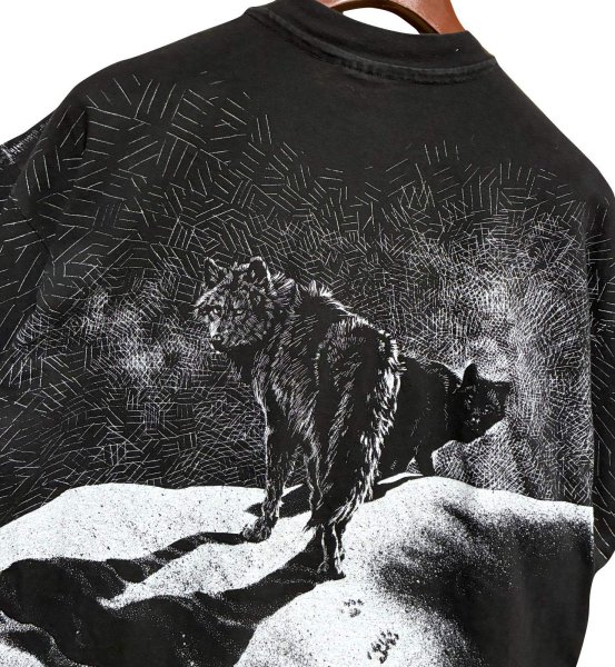 画像5: 【90's】【USA製】【ビンテージ】【Hanes】ヘインズ【オオカミ】プリント【黒ｘ白総柄】【Tシャツ】【サイズXL】  (5)
