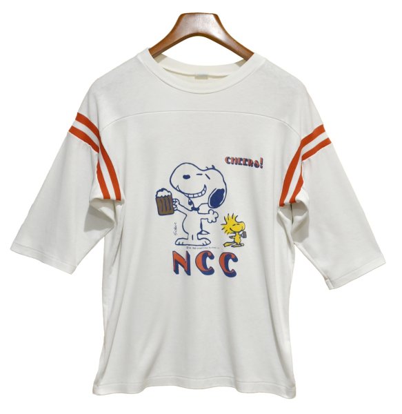 画像1: 80's【USA製】【ビンテージ】アルテックス【ARTEX】白【肩口赤×白リブ】スヌーピー【七分丈Tシャツ】 サイズＬ  (1)