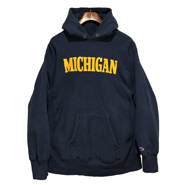 画像1: 80's USA製【チャンピオン】【Champion】【MICHIGAN】ミシガン大学【プリント】カレッジ 紺【リバースウィーブパーカー】【サイズXL】  (1)