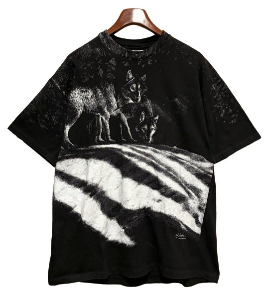 画像1: 【90's】【USA製】【ビンテージ】【Hanes】ヘインズ【オオカミ】プリント【黒ｘ白総柄】【Tシャツ】【サイズXL】  (1)