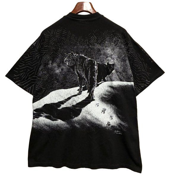画像4: 【90's】【USA製】【ビンテージ】【Hanes】ヘインズ【オオカミ】プリント【黒ｘ白総柄】【Tシャツ】【サイズXL】  (4)