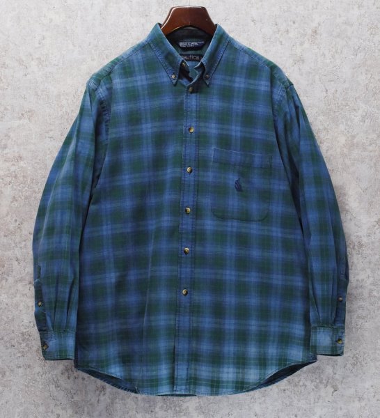 画像1: 90's【ビンテージ】【nautica】【ノーティカ】【緑ｘ紺】チェック ボタンダウンシャツ【サイズL程度】  (1)