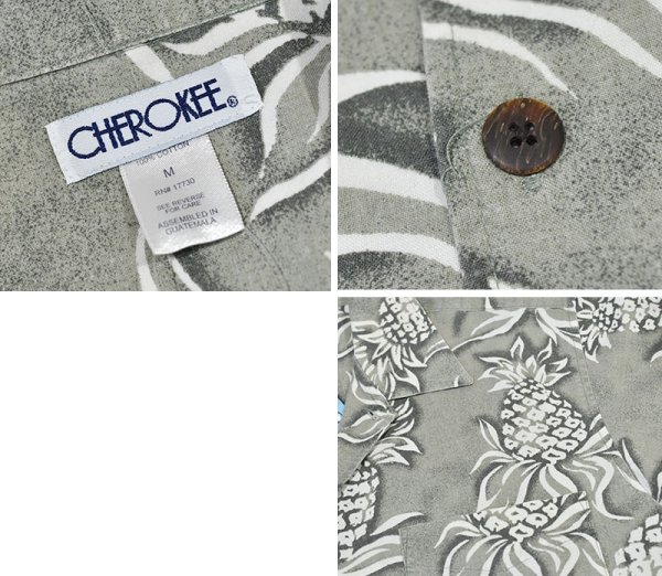 画像2: 【ビンテージ】【CHEROKEE】チェロキー【緑×パイナップル】総柄【アロハシャツ】開襟シャツ【サイズM】  (2)