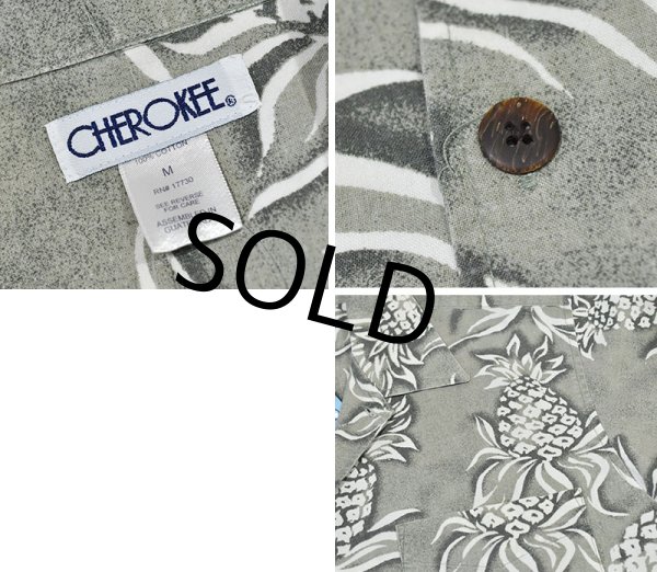 画像2: 【ビンテージ】【CHEROKEE】チェロキー【緑×パイナップル】総柄【アロハシャツ】開襟シャツ【サイズM】  (2)