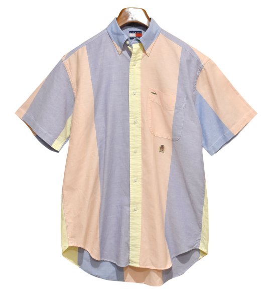 画像1: ビンテージ【TOMMY HILFIGER】トミーヒルフィガー【水色×ピンク×黄色】マルチカラー【ボタンダウンシャツ】半袖シャツ【サイズS】  (1)