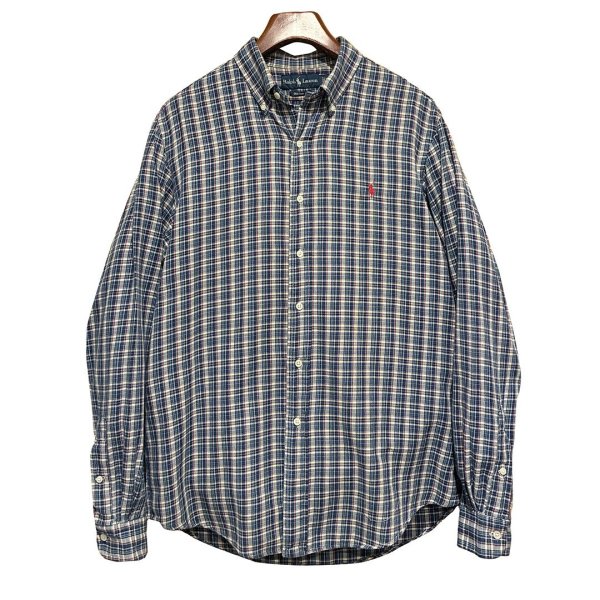 画像1: ビンテージ【ラルフローレン】POLO ralph lauren  【custom fit】紺ｘ青ｘ白ｘ赤 チェック ボタンダウン【コットンシャツ】【サイズＬ】  (1)