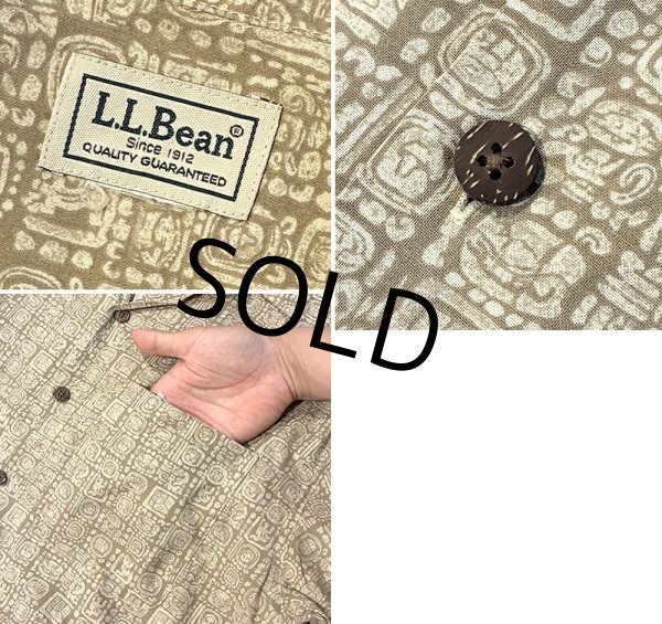 画像2: ビンテージ【L.L.Bean】ライトブラウン 民族調総柄プリント 【オープンカラー半袖シャツ】【サイズM程度】  (2)
