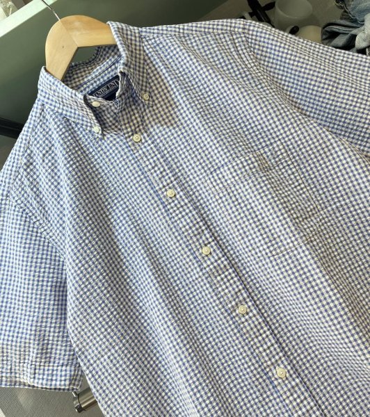 画像3: 90's〜 ビンテージ【ランズエンド】【LANDS' END】【青ｘ白】ギンガムチェック シアサッカー【半袖ボタンダウンシャツ】【サイズＳ】  (3)