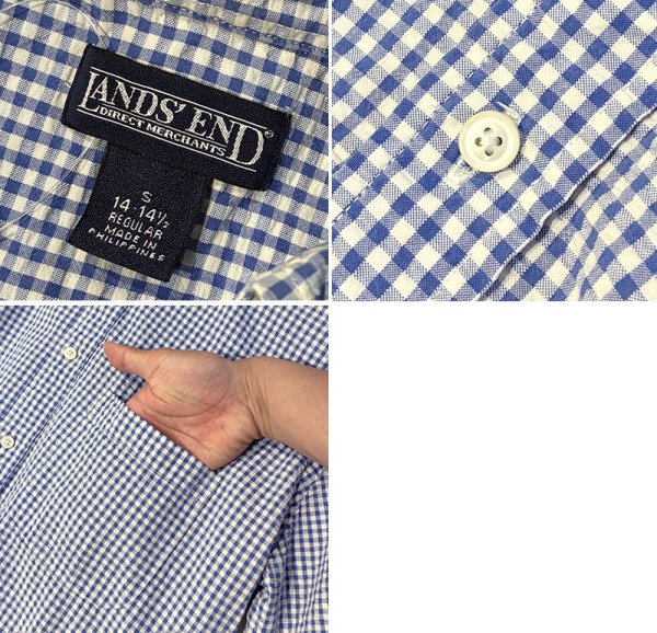 画像2: 90's〜 ビンテージ【ランズエンド】【LANDS' END】【青ｘ白】ギンガムチェック シアサッカー【半袖ボタンダウンシャツ】【サイズＳ】  (2)