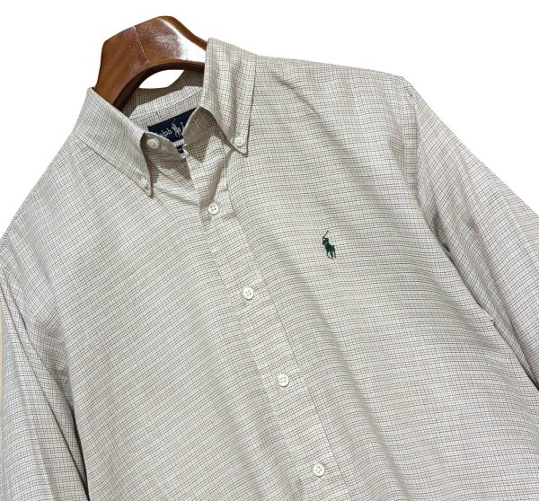 画像3: ビンテージ【ラルフローレン】POLO ralph lauren  ベージュｘ赤ｘ水色 チェック ボタンダウン【コットンシャツ】【サイズＭ】  (3)