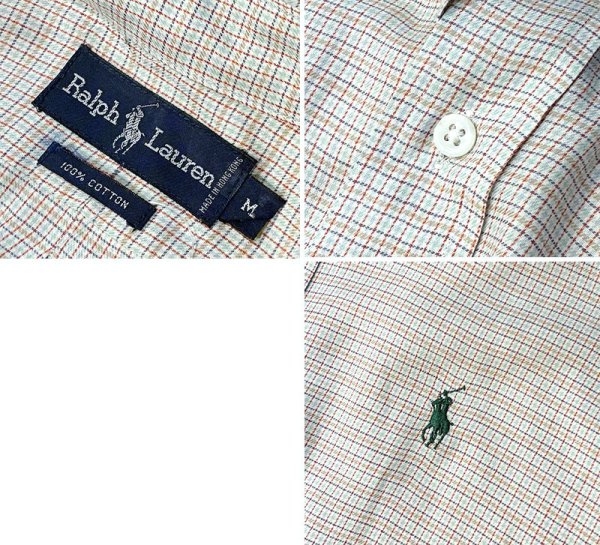 画像2: ビンテージ【ラルフローレン】POLO ralph lauren  ベージュｘ赤ｘ水色 チェック ボタンダウン【コットンシャツ】【サイズＭ】  (2)
