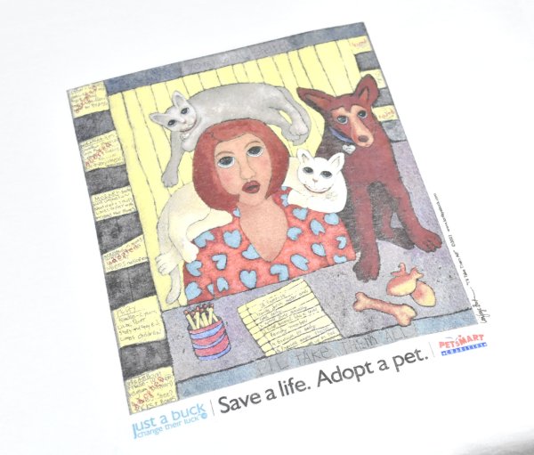 画像3: デッドストック 00's~【ビンテージ】【anvil】アンビル【生成り】【Save a life. Adopt a pet】猫と犬と女性【Tシャツ】【サイズL】  (3)