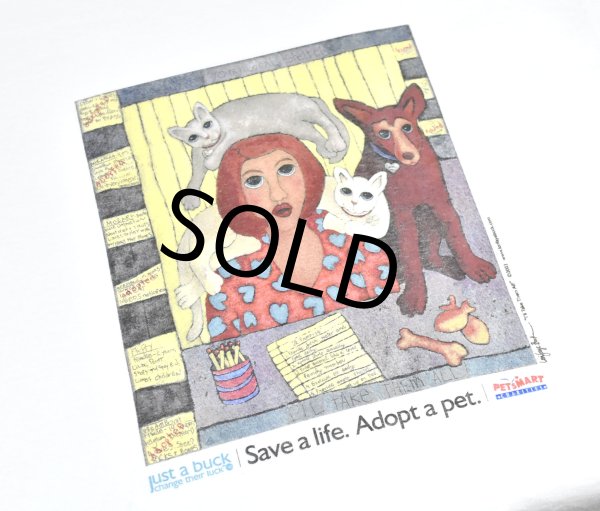 画像3: デッドストック 00's~【ビンテージ】【anvil】アンビル【生成り】【Save a life. Adopt a pet】猫と犬と女性【Tシャツ】【サイズL】  (3)