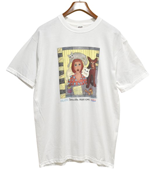 画像1: デッドストック 00's~【ビンテージ】【anvil】アンビル【生成り】【Save a life. Adopt a pet】猫と犬と女性【Tシャツ】【サイズL】  (1)