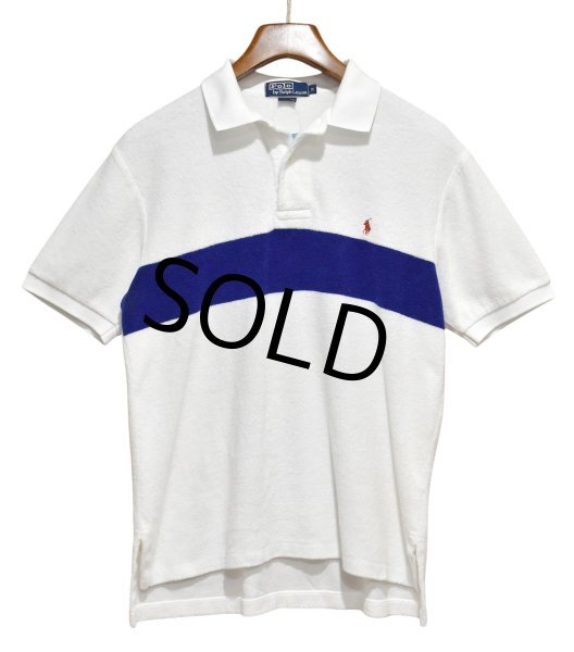 画像1: 90's【ビンテージ】【オールドラルフローレン】POLO RALPH LAUREN 【タオル地】ライン【ホワイト】コットン【ポロシャツ】【サイズM】   (1)