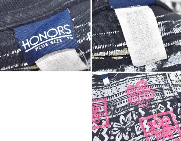 画像2: ビンテージ【USA製】【HONORS】黒地×白×ピンク【総柄】【花柄】【Tシャツ】【サイズ2X】 (2)