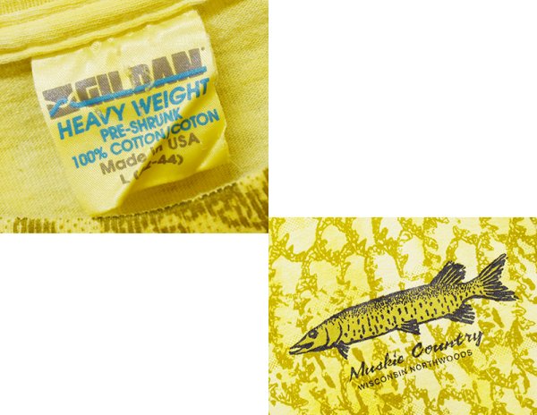 画像3: 【90's】【ビンテージ】【USA製】【GILDAN】黄色タイダイ【HEAVY WEIGHT】魚　ウロコ 総柄Tシャツ【Muskie Country】【Tシャツ】【魚】【総柄】【サイズL】 (3)