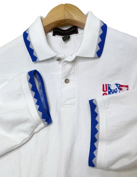 画像1: 【90's】【USA製】ビンテージ【Country Cottons】白ｘ青リブ【USAウェイトリフティング】【ポロシャツ】【M】  (1)