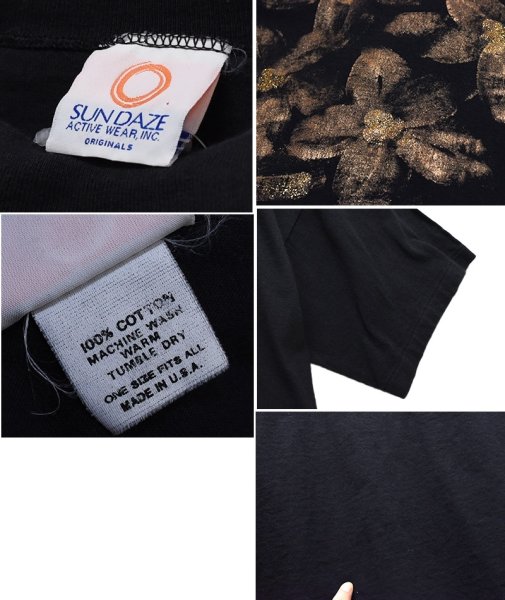 画像3: 90’s~【USA製】ビンテージ【黒】【SUN DAZE】【シングルステッチ】【GOLD花柄】【モックネック】【Tシャツ】【ワンサイズ】  (3)