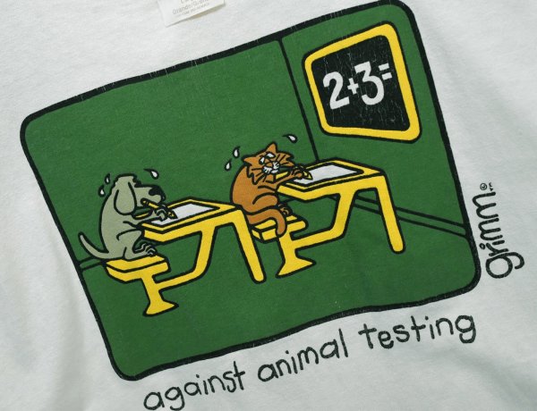 画像1: 【90's】ビンテージ【Grimm】動物実験反対【against animal testing】【犬と猫】白【Tシャツ】【L】  (1)