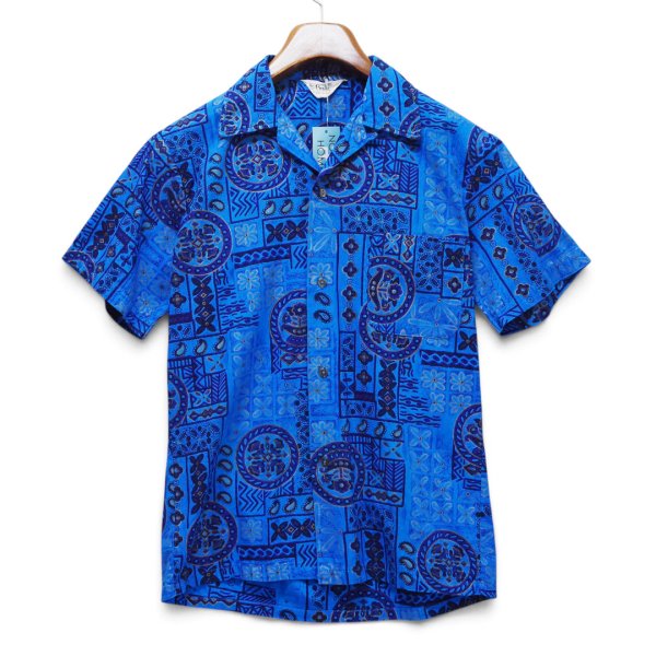 画像1: 【70's】ビンテージ【Da Costa】【青×黄色模様】【コットン】【ハワイアンシャツ】アロハシャツ【サイズS】 (1)