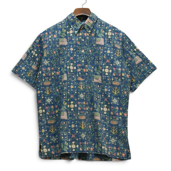 画像1: 【90's】ビンテージ【Ray Spooner】【レインスプーナー】【青】【花柄】【アメリカ国旗柄】【MELE KALIKIMAKA】【プルオーバー】【ボタンダウン】【半袖シャツ】アロハシャツ【M】  (1)