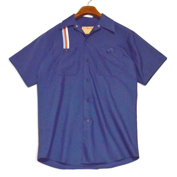 画像1: 【80's】【USA製】ビンテージ【Work Wear Corporation】【紺地×赤白水色ストライプ】【半袖ワークシャツ】【サイズS】 (1)