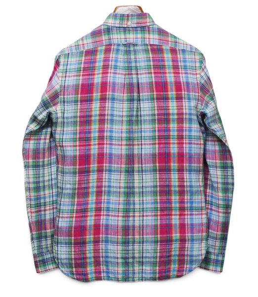 画像3: 【ラルフローレン】【Ralph Lauren】ビンテージ【Custom Fit】【赤×緑×白チェック柄】【リネン】【ボタンダウンシャツ】【サイズS】 (3)