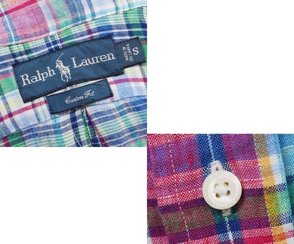 画像2: 【ラルフローレン】【Ralph Lauren】ビンテージ【Custom Fit】【赤×緑×白チェック柄】【リネン】【ボタンダウンシャツ】【サイズS】 (2)