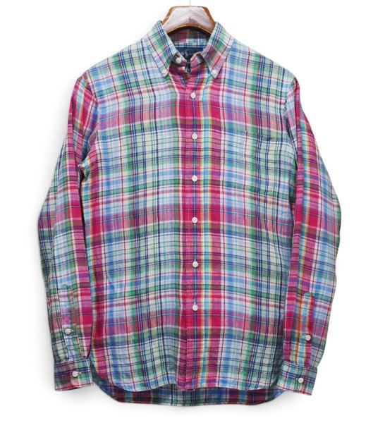 画像1: 【ラルフローレン】【Ralph Lauren】ビンテージ【Custom Fit】【赤×緑×白チェック柄】【リネン】【ボタンダウンシャツ】【サイズS】 (1)