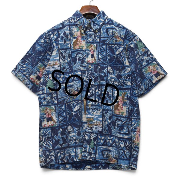 画像1: 限定【90's】ビンテージ【Rayn Spooner】リミテッドエディション【レインスプーナー】【MELE KALIKIMAKA】【サンタ柄】【総柄】【ボタンダウン】アロハシャツ【半袖シャツ】青【M】  (1)