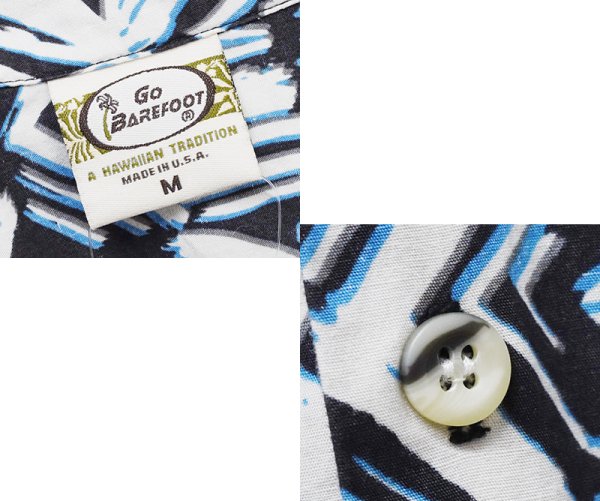 画像3: 【USA製】ビンテージ【GO BAREFOOT】【黒×白×青総柄】ハワイアンシャツ【コットン】アロハシャツ【半袖シャツ】【M】 (3)