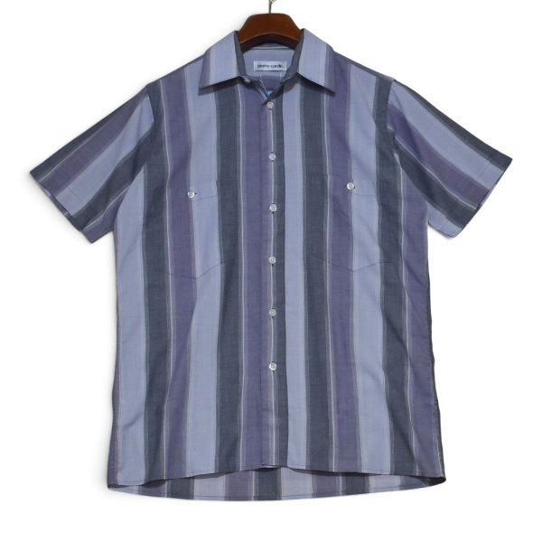 画像1: ビンテージ【ピエールカルダン】【pierre cardin】【紫×グレーストライプ】【半袖シャツ】ポケット付き【サイズS】 (1)