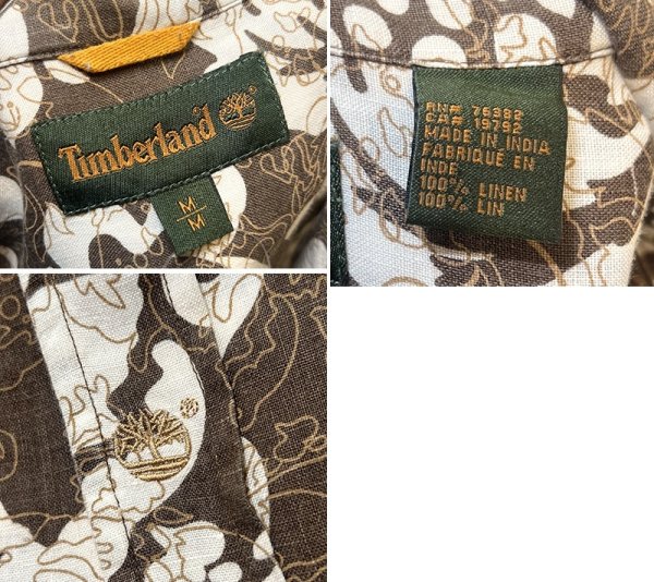 画像2: ビンテージ【ティンバーランド】【Timberland】【茶×白花柄】【リネン100%】アロハシャツ【半袖シャツ】開襟シャツ【サイズM】 (2)