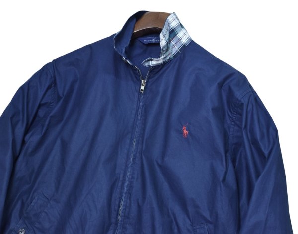 画像4: 90's ビンテージ【ラルフローレン】【Ralph Lauren】【襟裏チェック柄】【ジップアップ】コットンサテン【コットンブルゾン】【紺】【サイズL】 (4)
