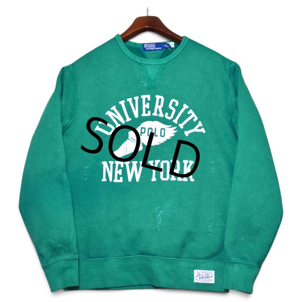 画像3: 【ほぼ未使用】【ポロ ラルフローレン】【Polo Ralph Lauren】【UNIVERSITY NEW YORK】【フロッキープリント】ビンテージ加工【前V】【緑】【スウェット】【サイズM】  (3)