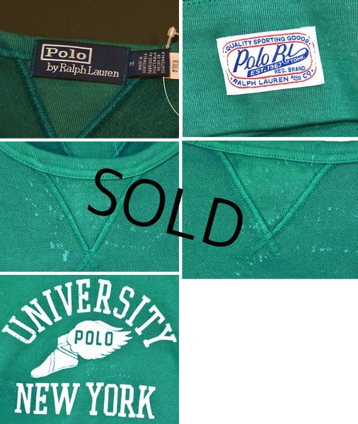 画像2: 【ほぼ未使用】【ポロ ラルフローレン】【Polo Ralph Lauren】【UNIVERSITY NEW YORK】【フロッキープリント】ビンテージ加工【前V】【緑】【スウェット】【サイズM】  (2)
