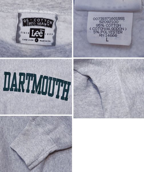 画像2: 程度良好!!【90’s】【ビンテージ】【USA製】【リー】【Lee】【DARTMOUTH】ダートマス大学【カレッジ】【スウェット】リバースウィーブ【グレー】【サイズL】  (2)
