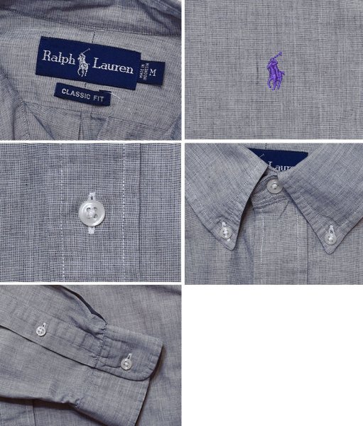 画像2: 【90’s】【ビンテージ】【ラルフローレン】【Ralph Lauren】【CLASSIC FIT】シャンブレー【ボタンダウンシャツ】【グレー】【サイズM】  (2)