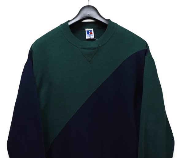 画像3: 【90’s】【ビンテージ】【USA製】【ラッセル】【Russell】【前V】【切り替え】【クルーネックスウェット】【紺×緑】【サイズL】  (3)
